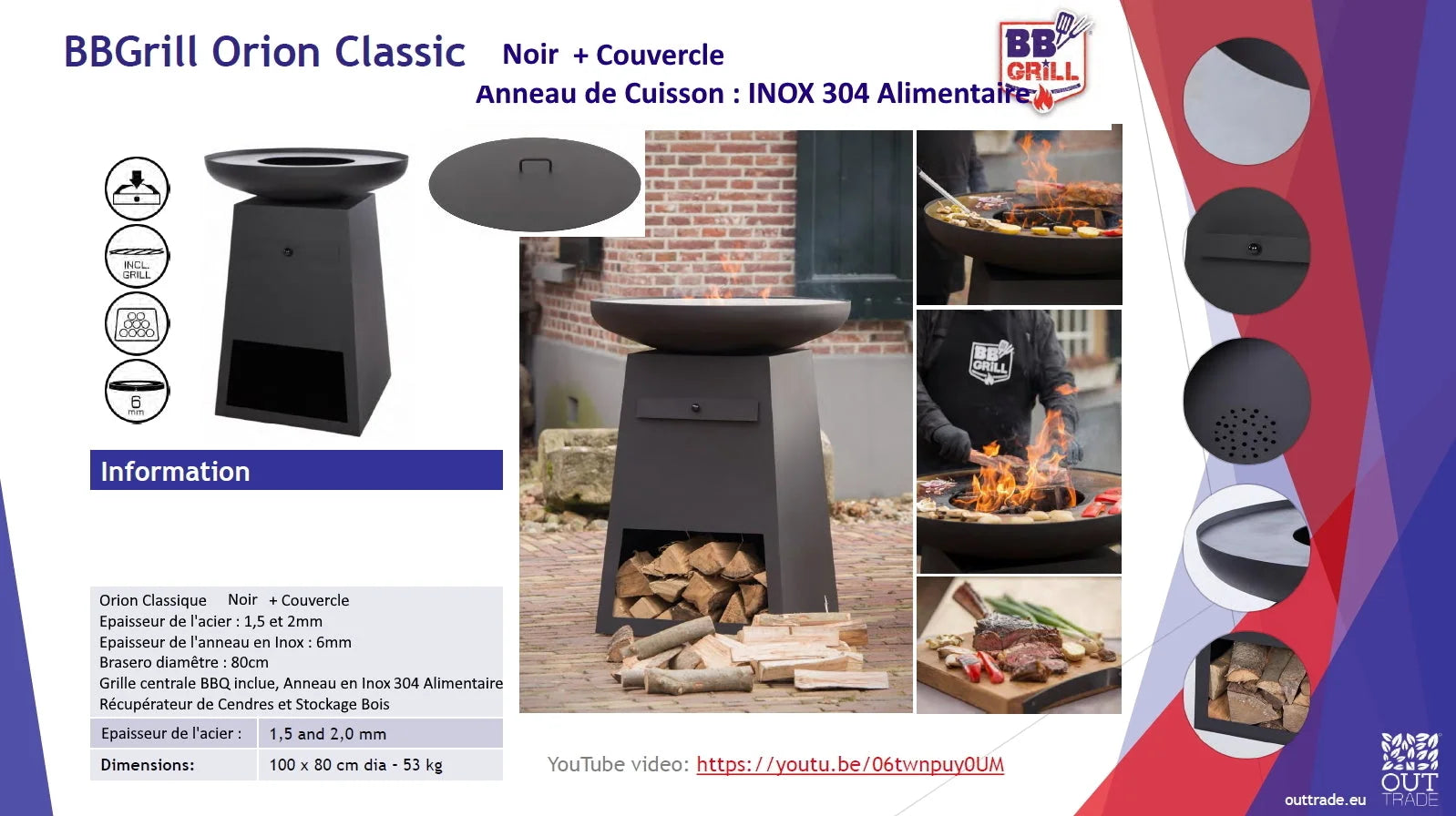 Barbecue Black bbgrill orion classic avec un couvercle assorti, fabriqué en acier inoxydable 304 de qualité alimentaire.