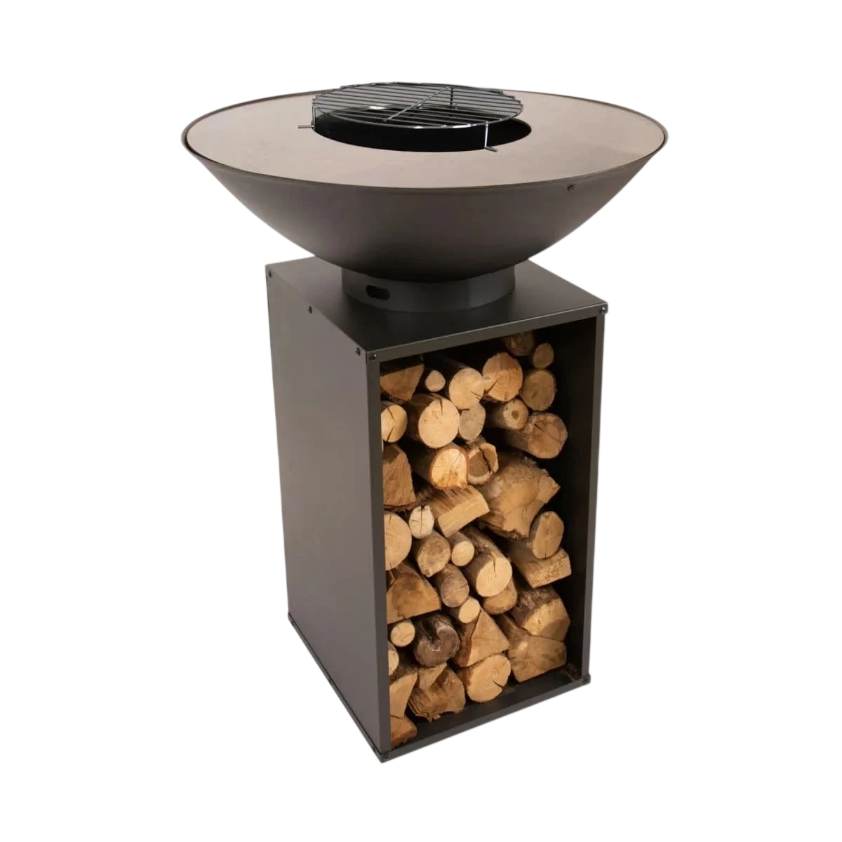 Foyer de feu en métal noir avec un dessus en forme de bol et une base de rangement pour bois intégrée