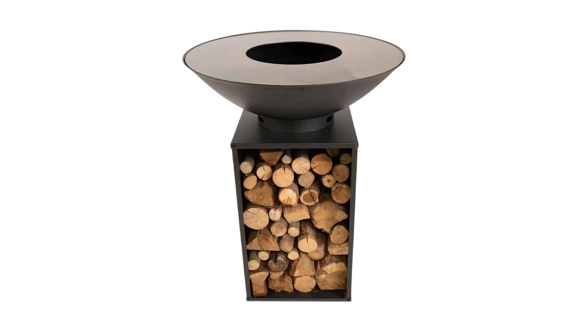 Foyer de feu en acier noir moderne avec compartiment de rangement pour bois intégré.