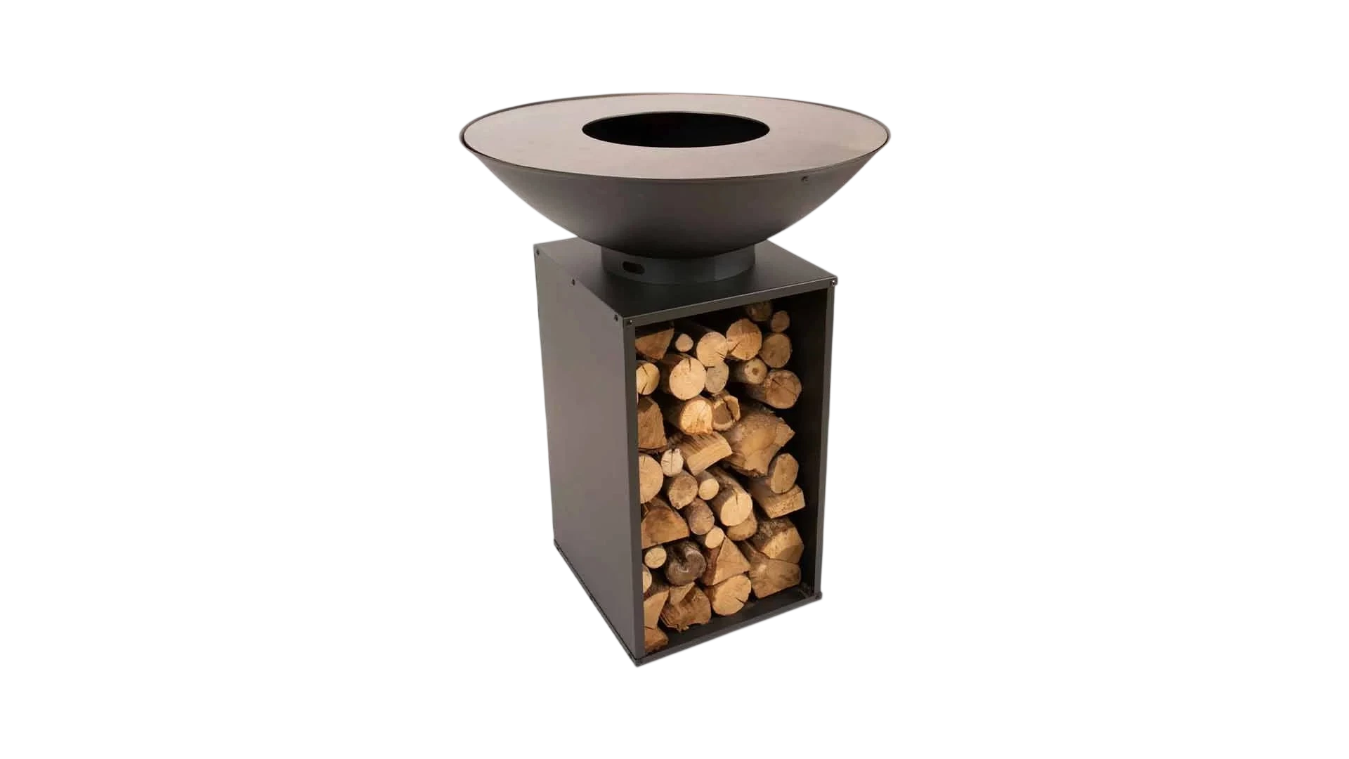 Foyer de feu en métal noir avec compartiment de rangement pour bois intégré