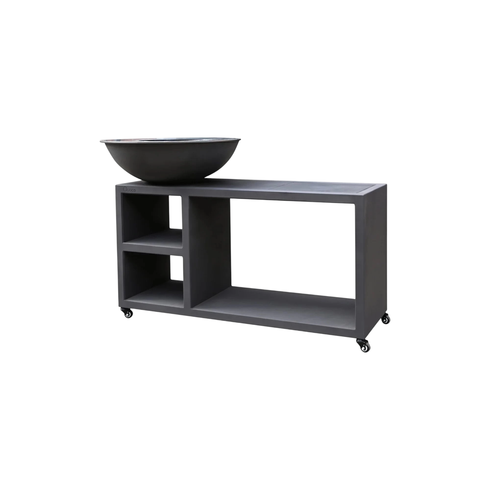 Chariot d’évier extérieur moderne en métal noir mat avec un bassin élégant en forme de bol et étagères ouvertes.