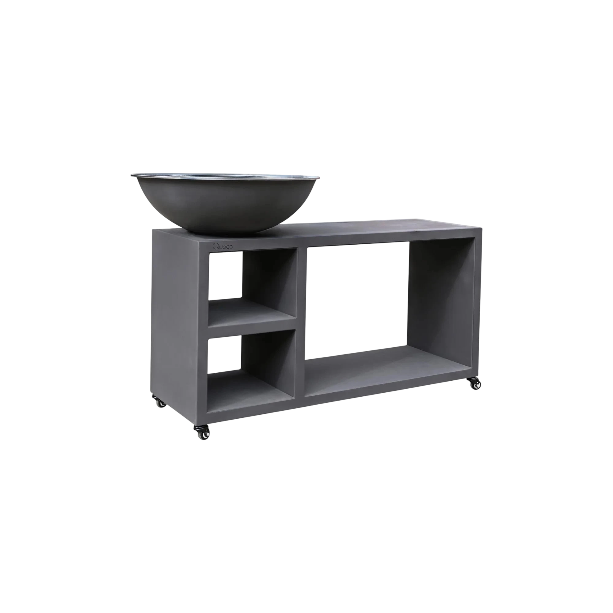 Support de foyer extérieur gris avec un design élégant et moderne doté d’étagères ouvertes et de roues pivotantes noires.