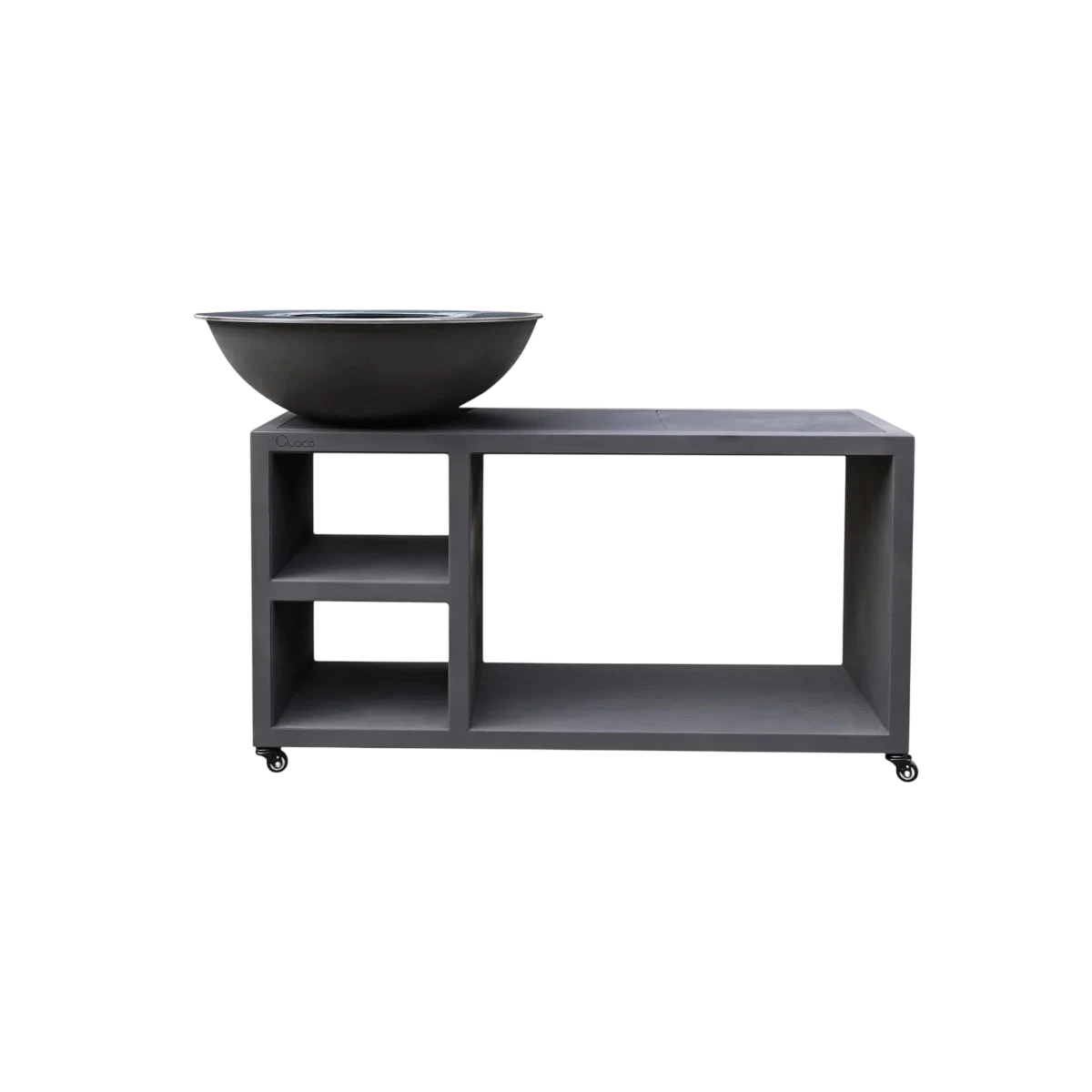 Évier extérieur en métal gris foncé avec un design de bol élégant et moderne monté sur un chariot assorti doté d’étagères ouvertes et de roulettes.