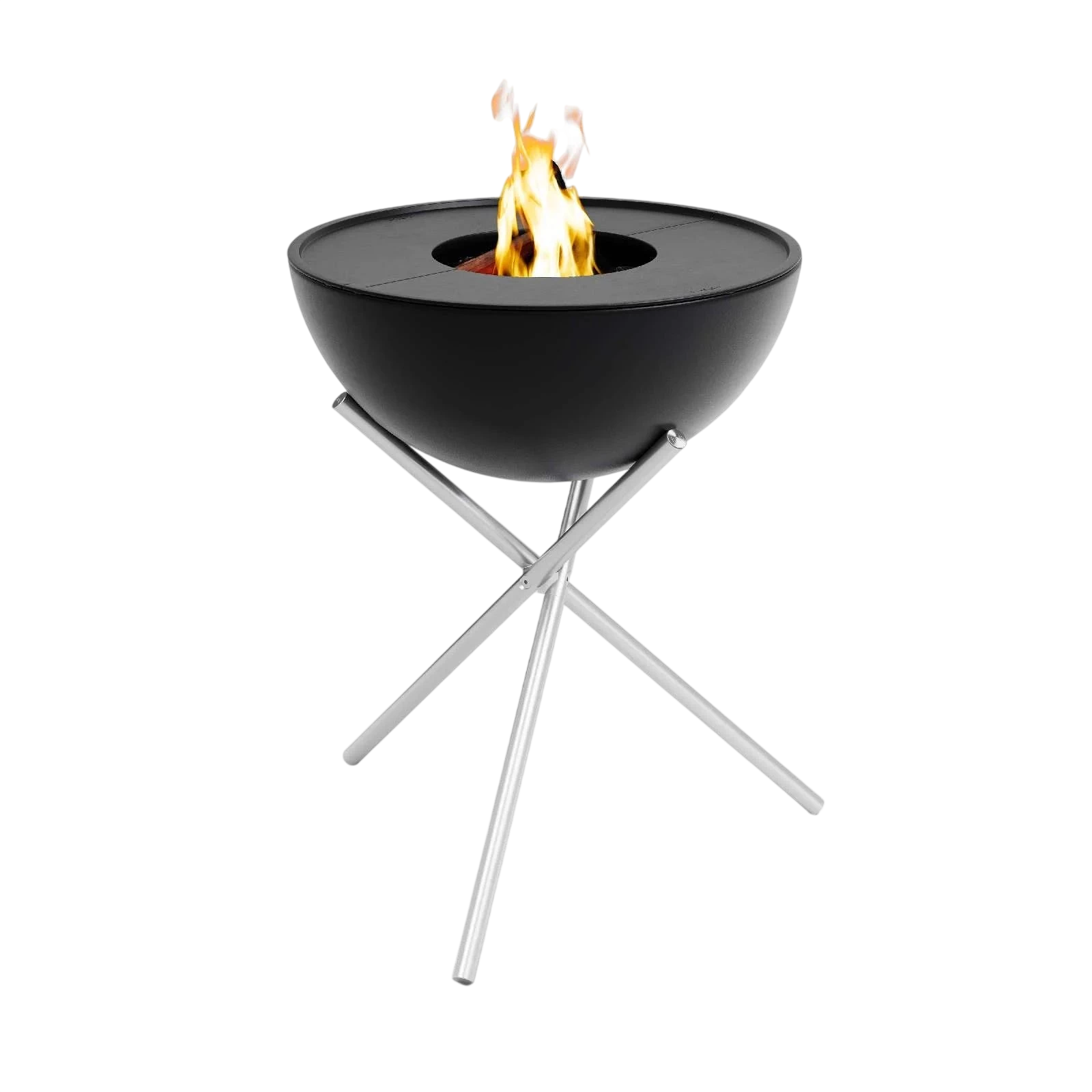 Bol en verre noir avec support trépied en argent, design moderne.