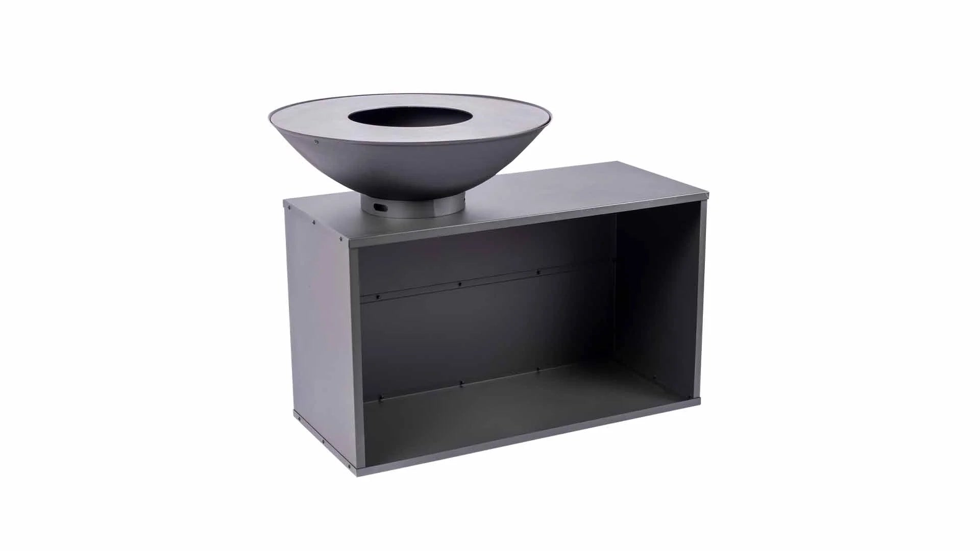 Bol d’incendie en acier noir mat moderne monté sur une base rectangulaire assortie.