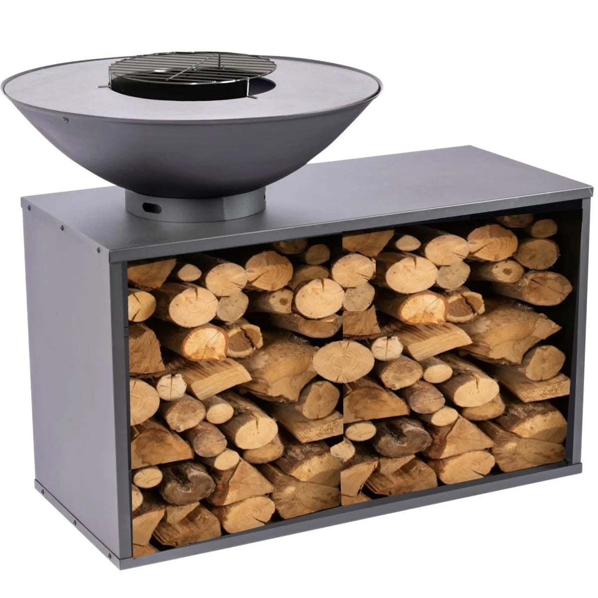 Foyer de feu en métal gris avec unité de rangement pour bois intégrée