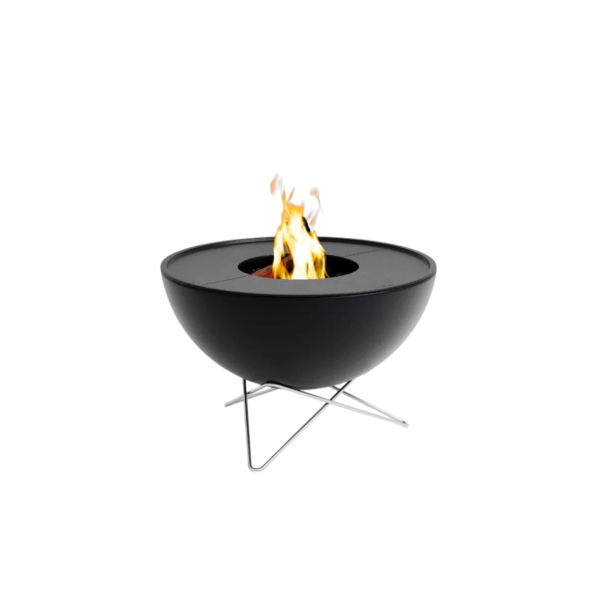 Foyer d’extérieur moderne noir avec pieds en métal et design en bol, inspiré par ecosmart fire.
