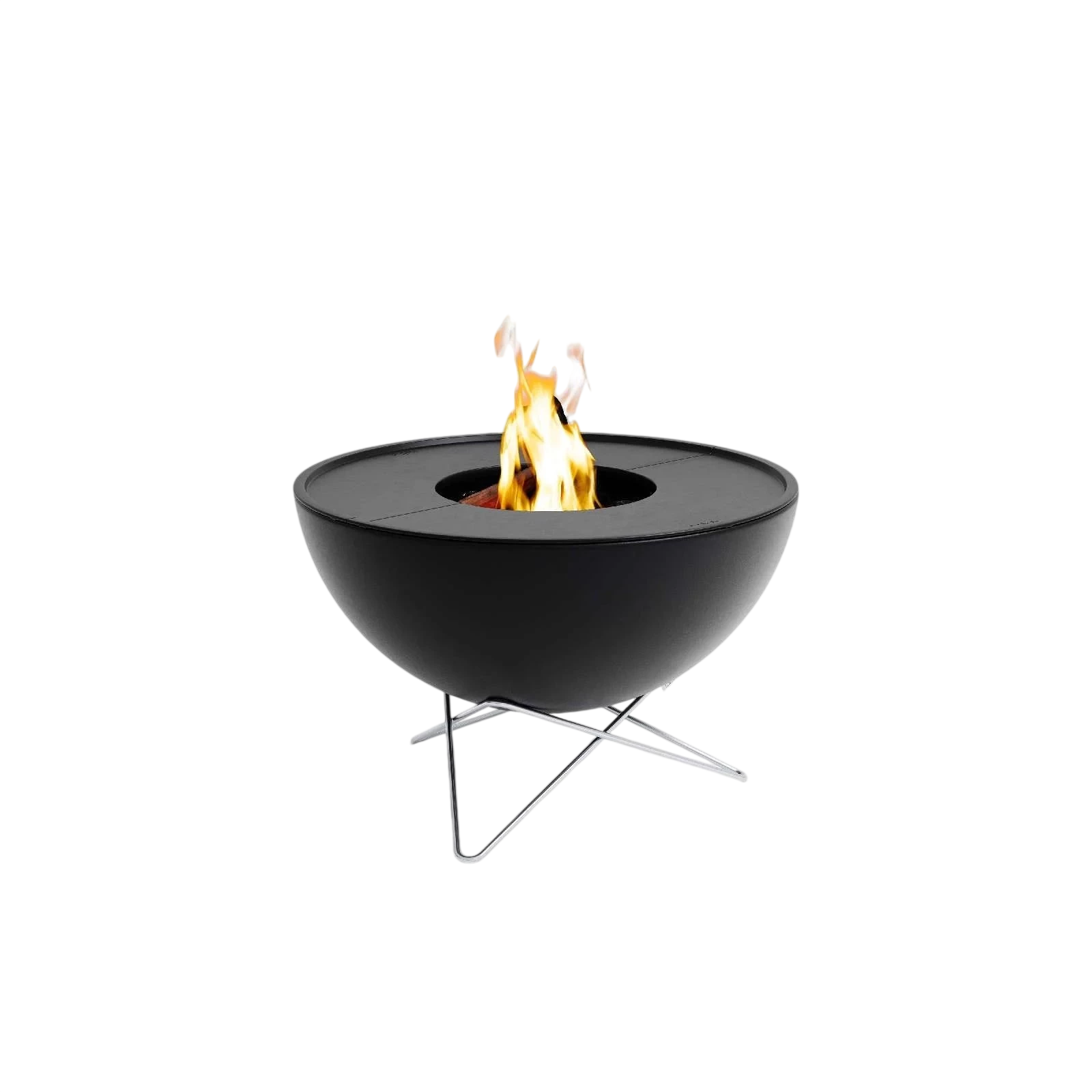 Foyer de feu noir moderne avec des pieds en acier inoxydable et un design en forme de bol.