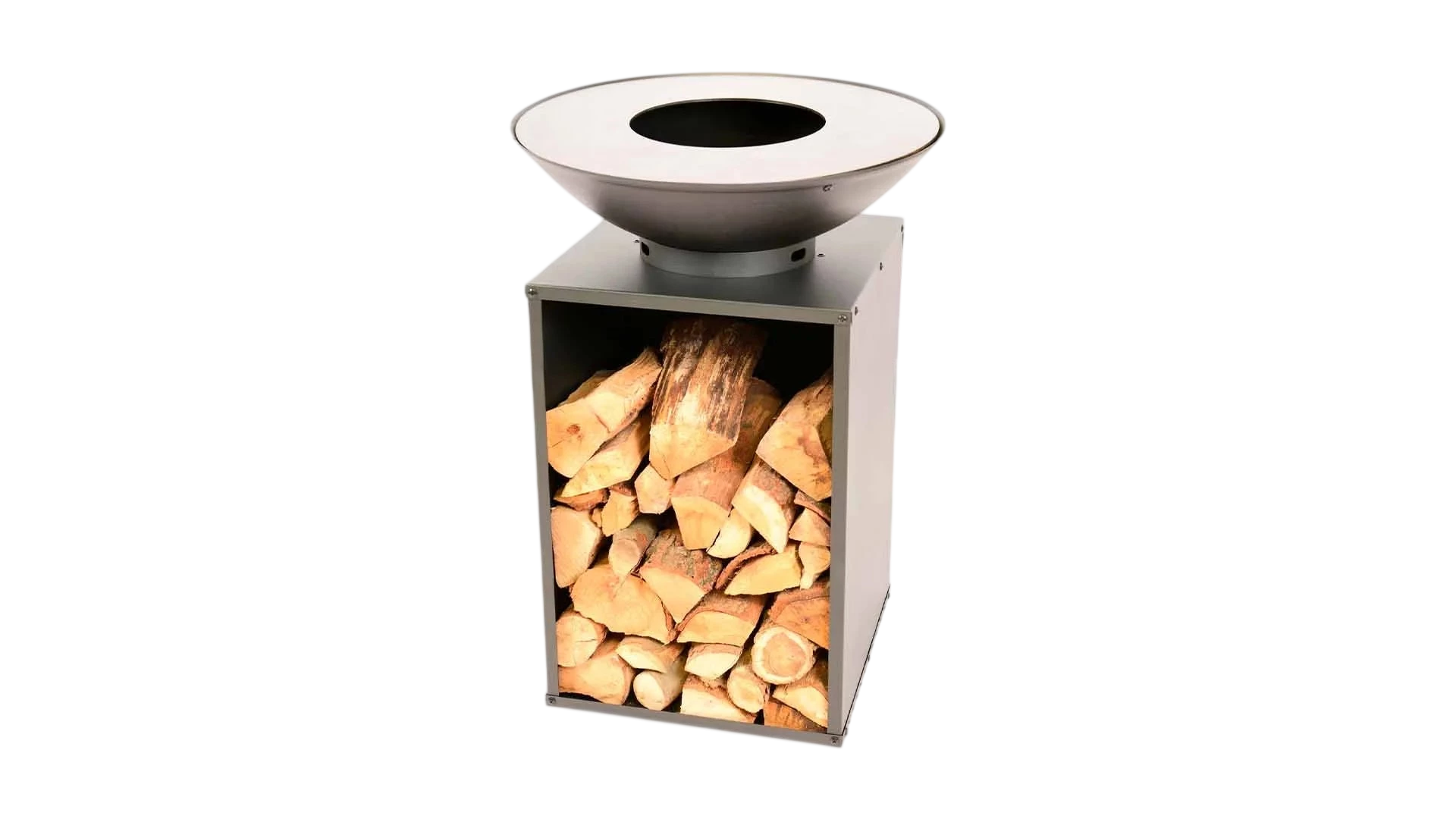 Foyer de feu moderne en acier inoxydable avec un dessus élégant en forme de bol et un compartiment de rangement pour bois empilé en dessous.