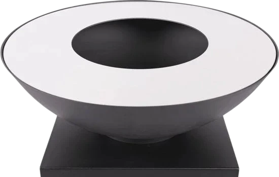 Foyer d’incendie circulaire noir et blanc avec un design élégant et moderne.