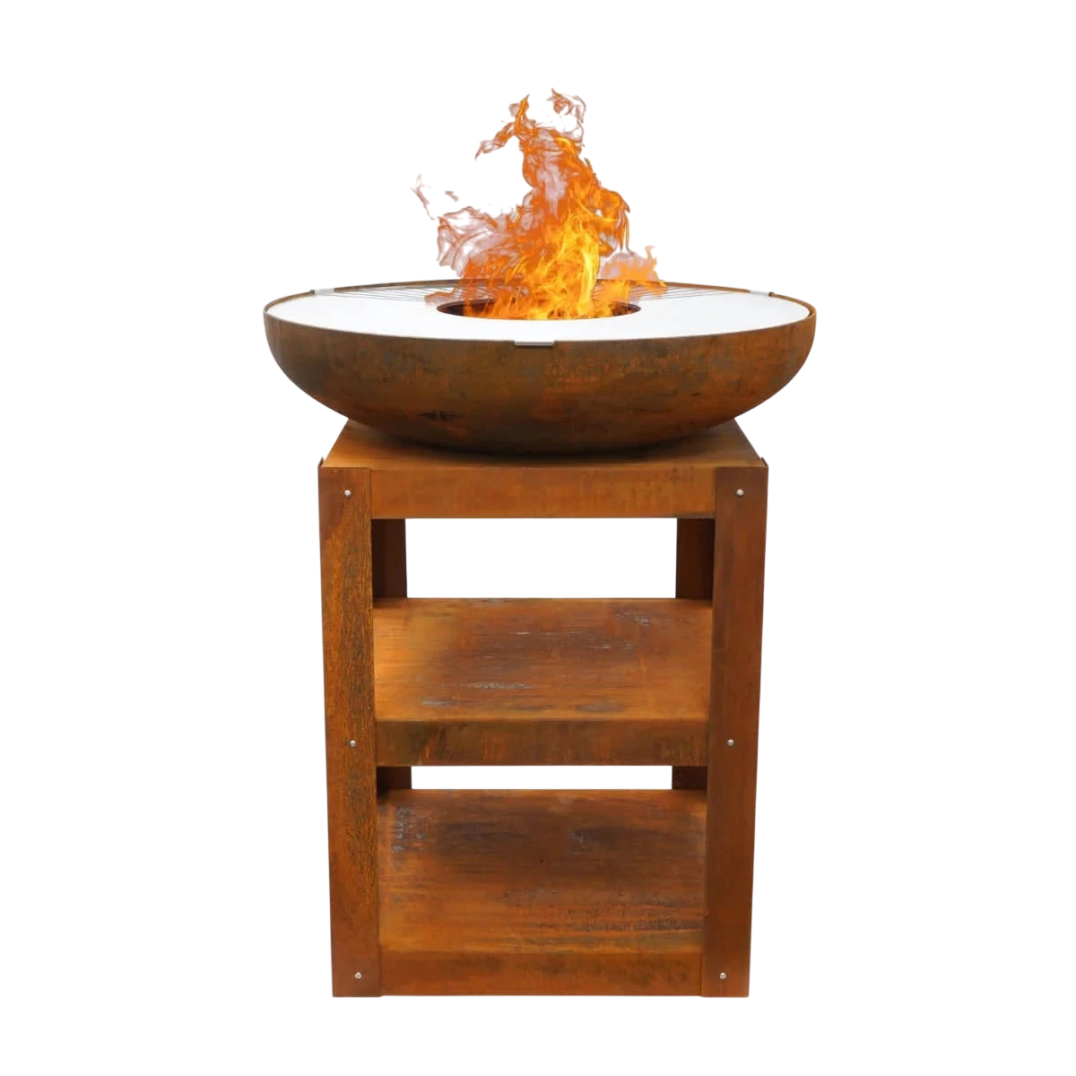 Bol en bois pour feu avec bordure métallique et intérieur blanc, conçu pour une utilisation en extérieur.