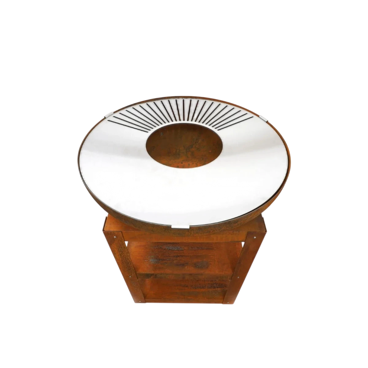 Table basse ronde en bois avec plateau en verre et design en éventail de soleil en métal, bois brun, verre clair, accents métalliques.