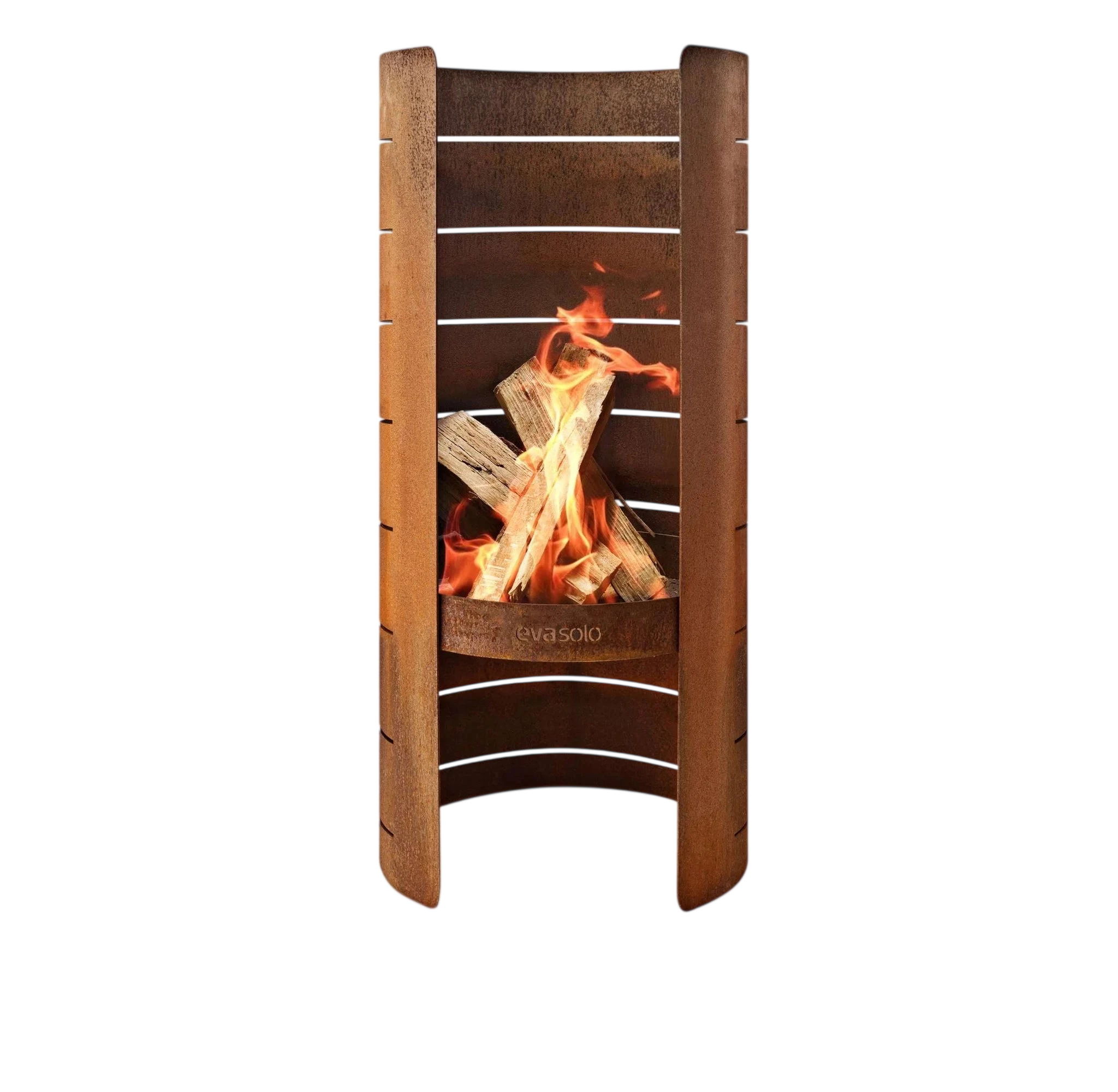 Cheminée à bois moderne avec design courbé et finition brun chaud.