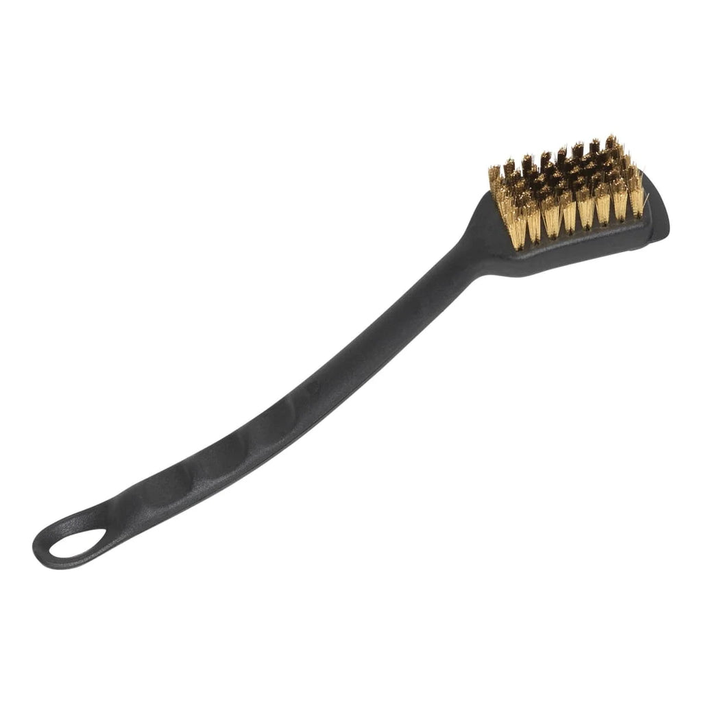 Brosse en métal noir et or avec une poignée en boucle pour une prise facile.