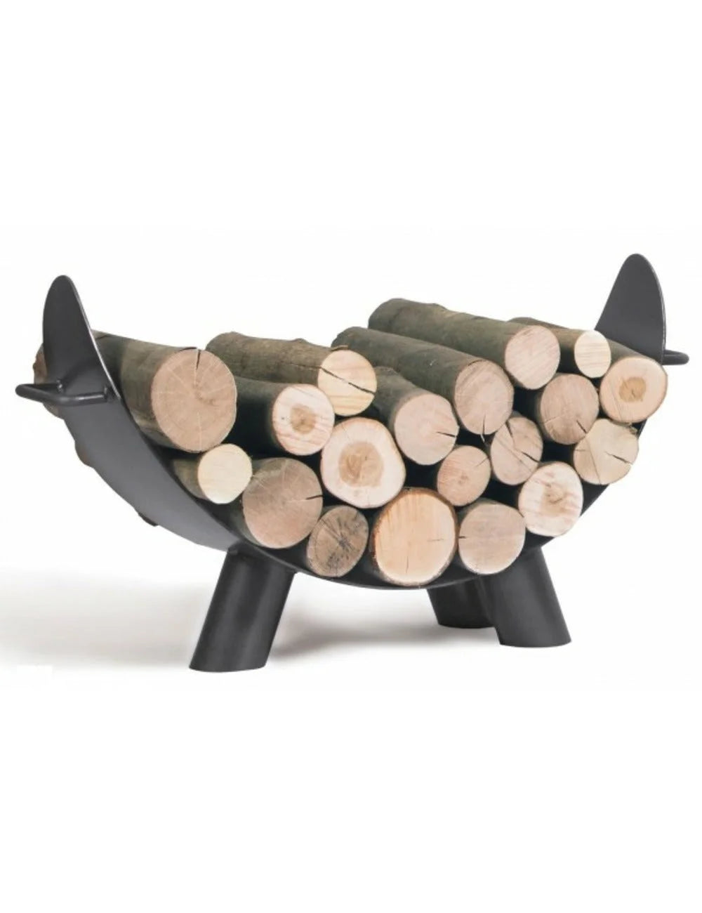 Porte-bûches en forme de cochon noir avec des bûches de bois à l’intérieur, conçu pour un usage en extérieur.