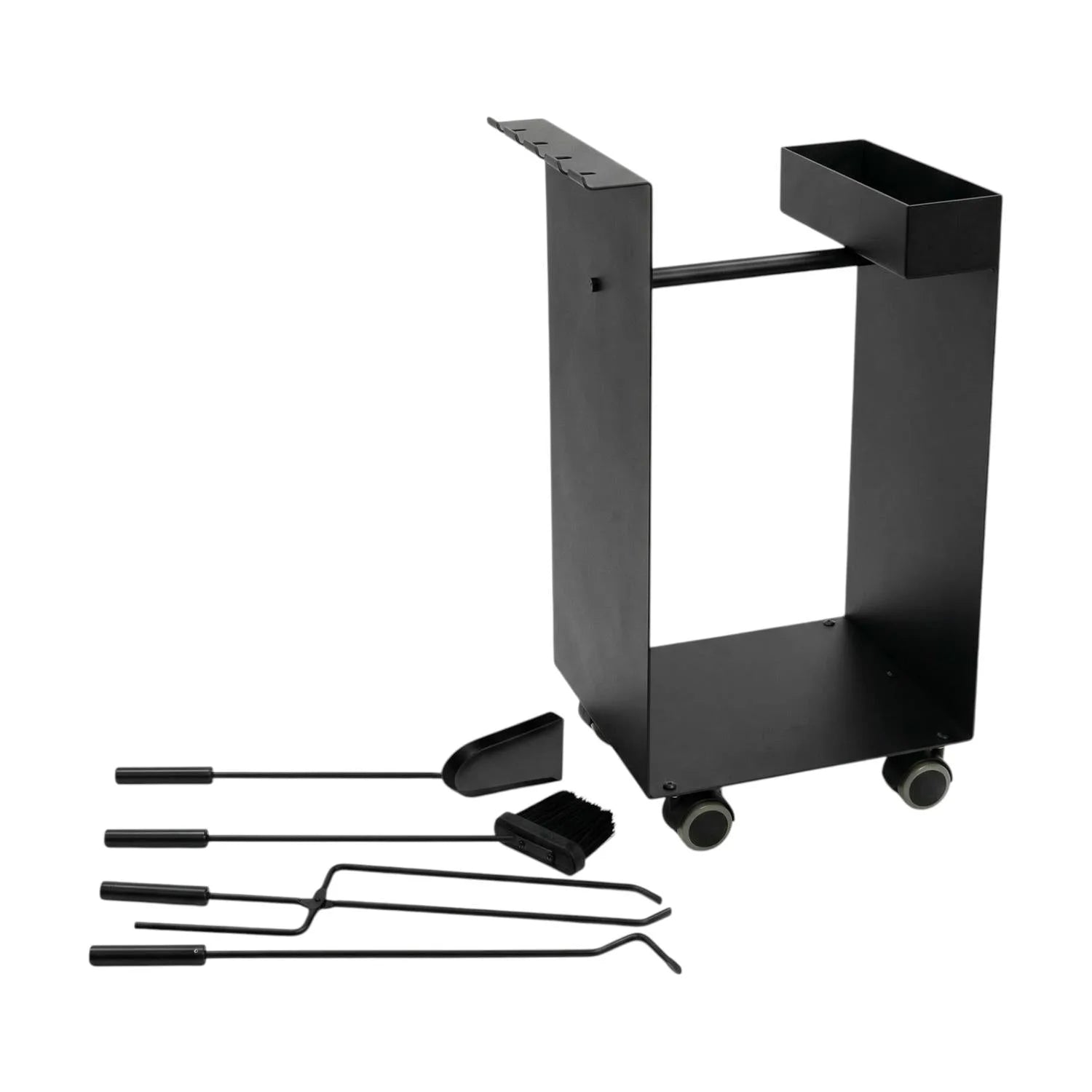 Chariot porte-bûches acier fyrset plus noir avec outils assortis et quatre roulettes pour cheminée