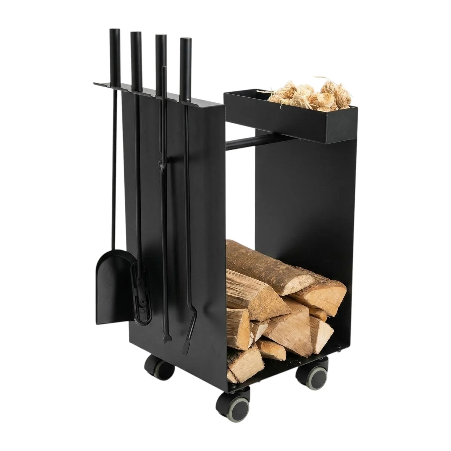 Chariot porte-bûches acier fyrset plus noir avec quatre outils, plateau pour kindling et roulettes pour mobilité