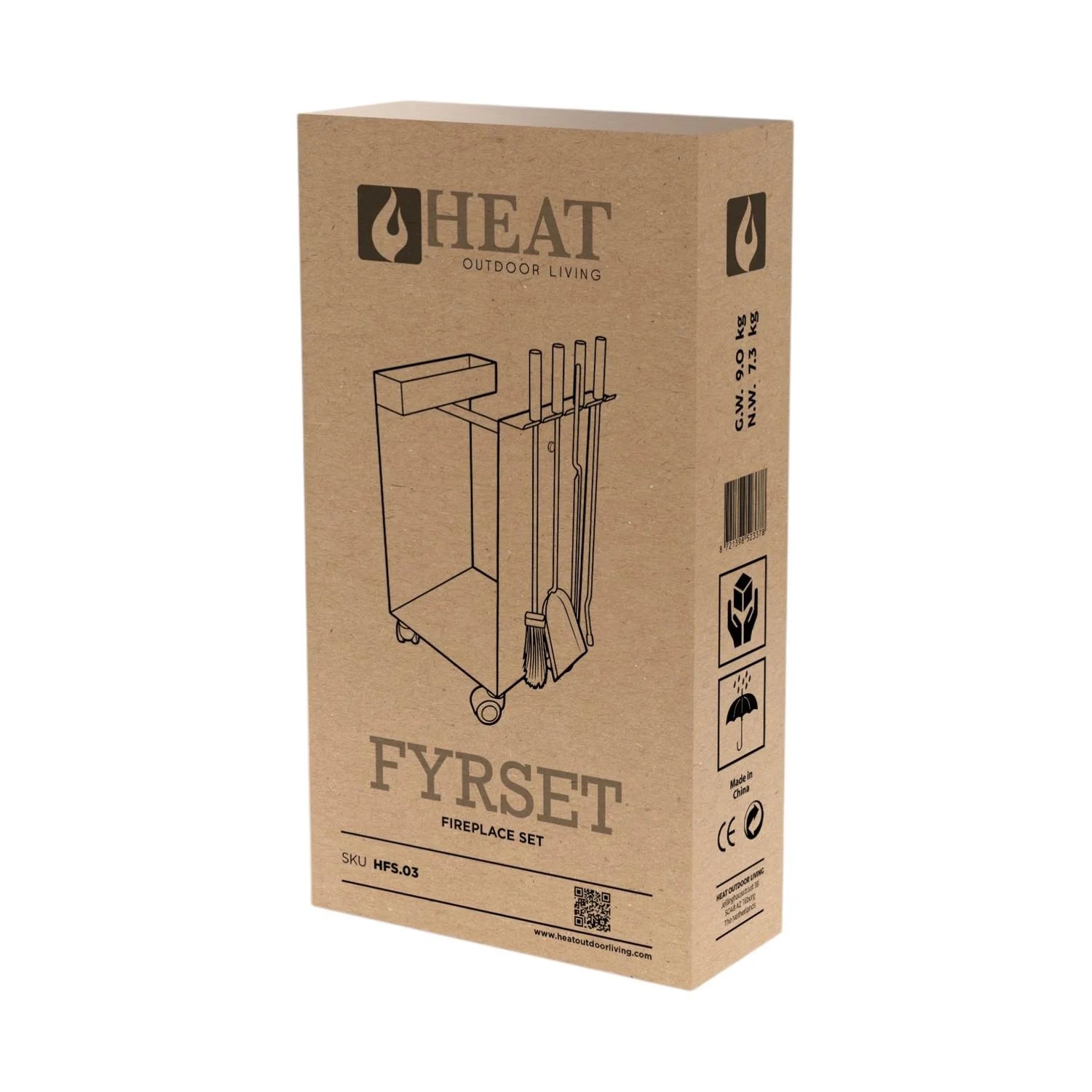 Chariot porte-bûches acier fyrset plus en boîte carton marron avec illustration chariot à roulettes et outils