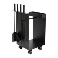 Chariot porte-bûches acier fyrset plus noir avec quatre roues et plateau rectangulaire pour outils de cheminée