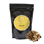 Sac de copeaux de bois de poire avec design noir et or, matériau aromatisé pour barbecue.