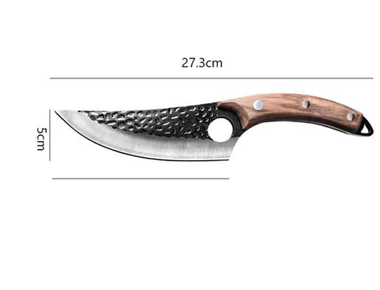Couteau découpe inox artisanal 27,3 cm étui cuir trou index hammered blade