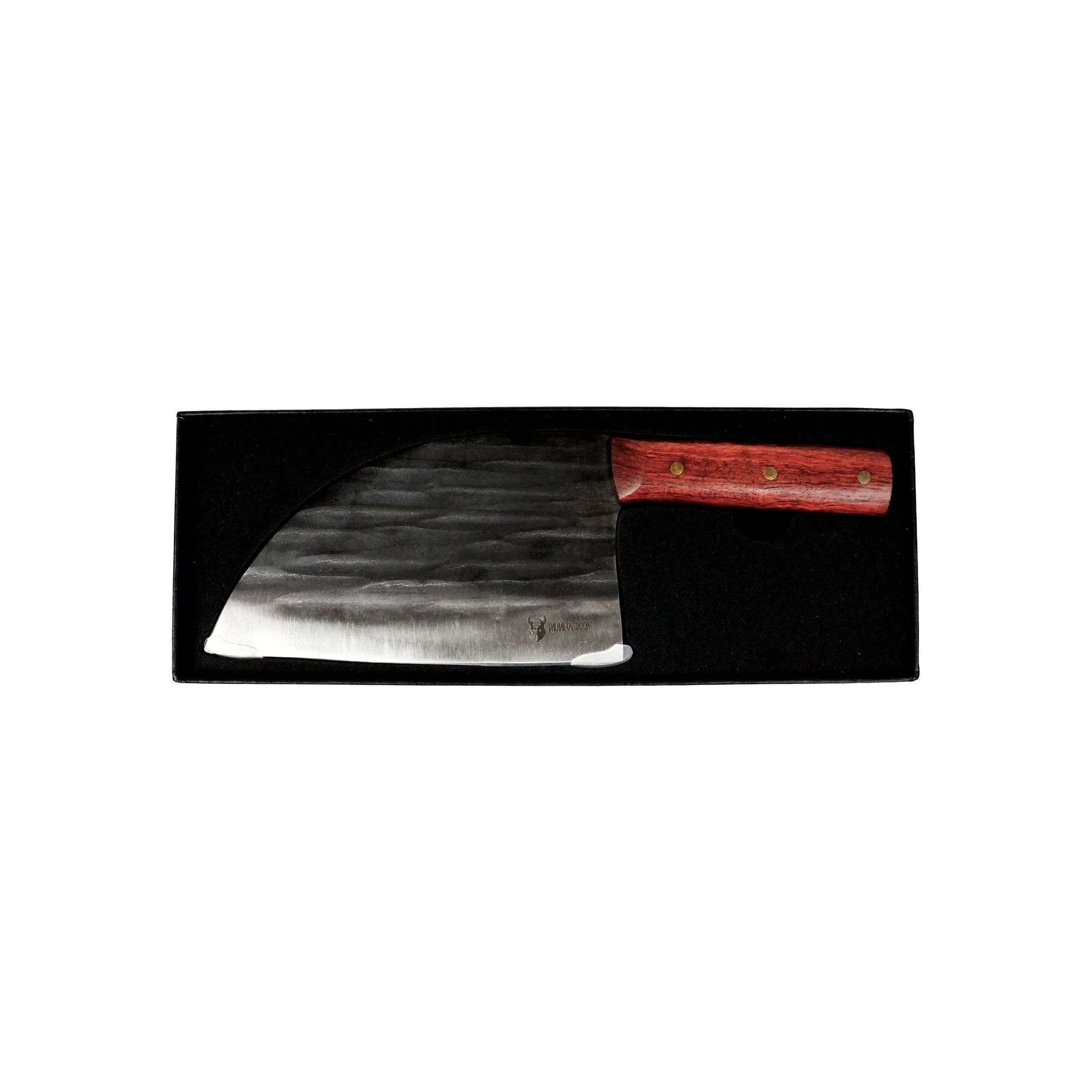 Couteau de chef à manche rouge avec lame en acier inoxydable et manche en bois.