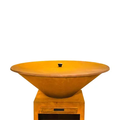 Couvercle brasero acier corten Ø100 cm en terre cuite orange sur base bois