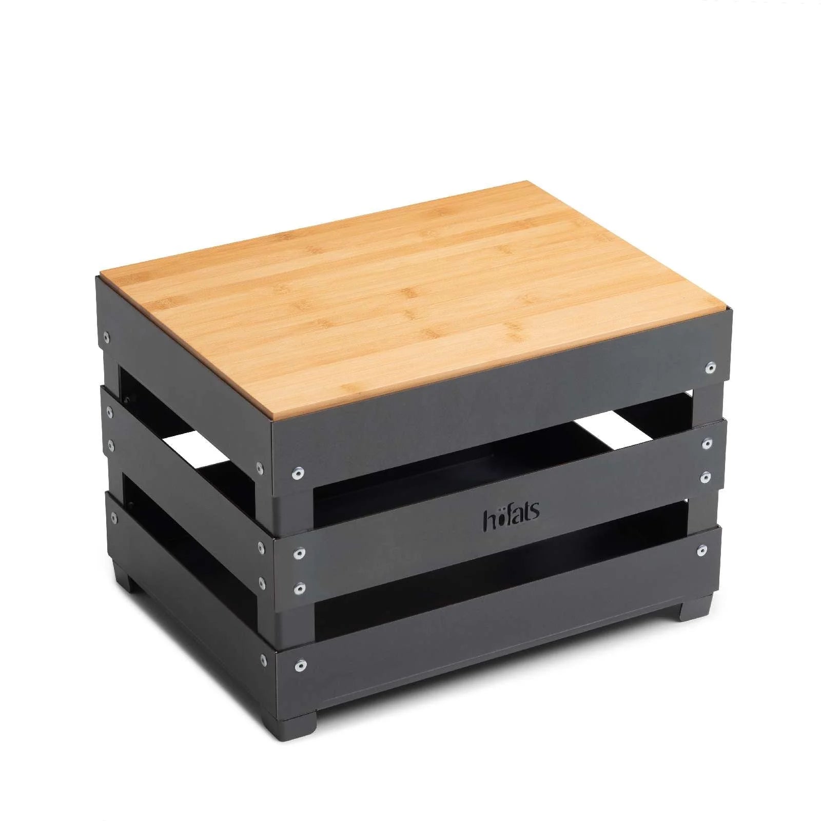 Tabouret caisse noire avec plateau en bois, marque holstis.