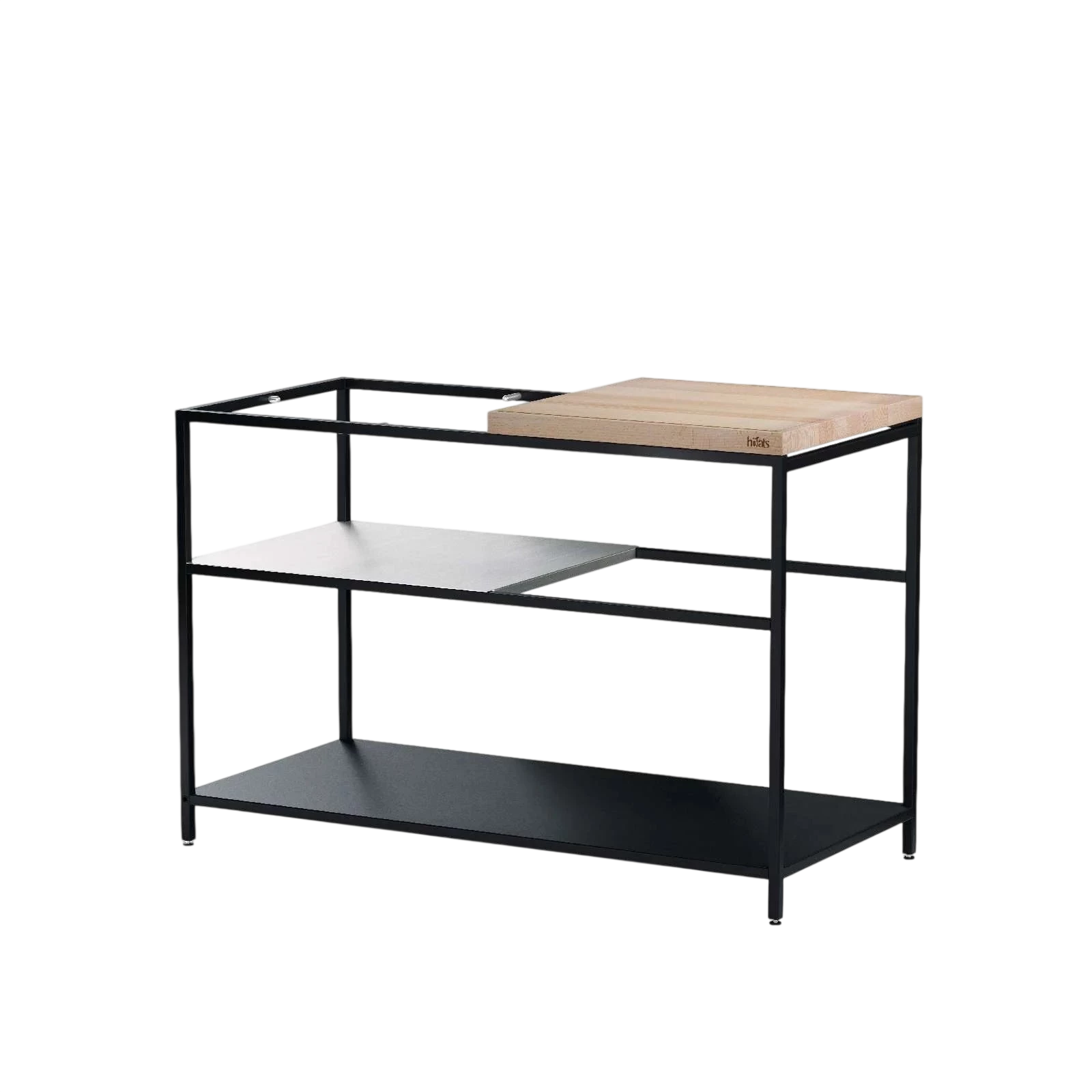 Chariot de cuisine en métal noir avec plateau en bois et étagère inférieure.