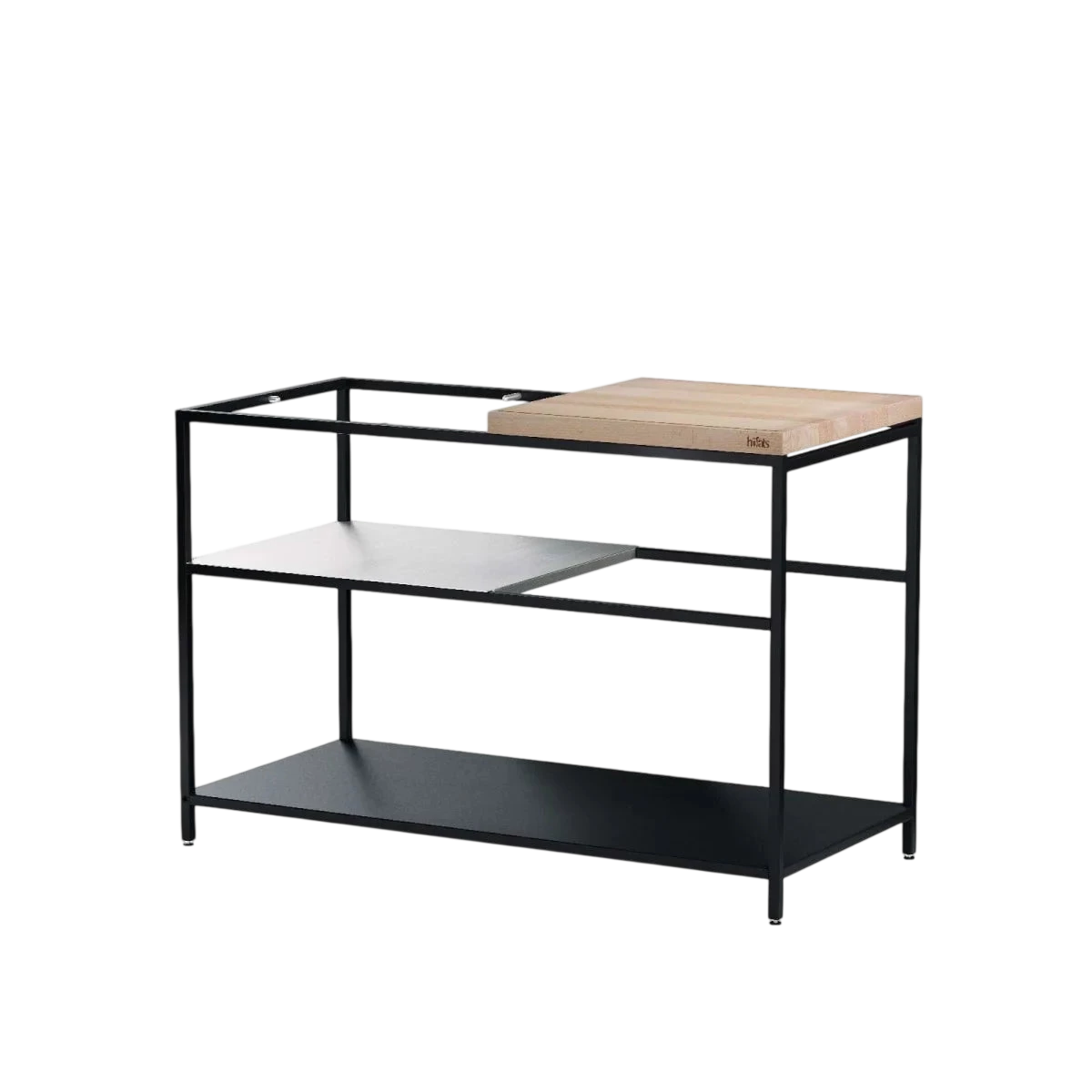 Chariot de cuisine en métal noir avec planche à découper en bois et tiroir