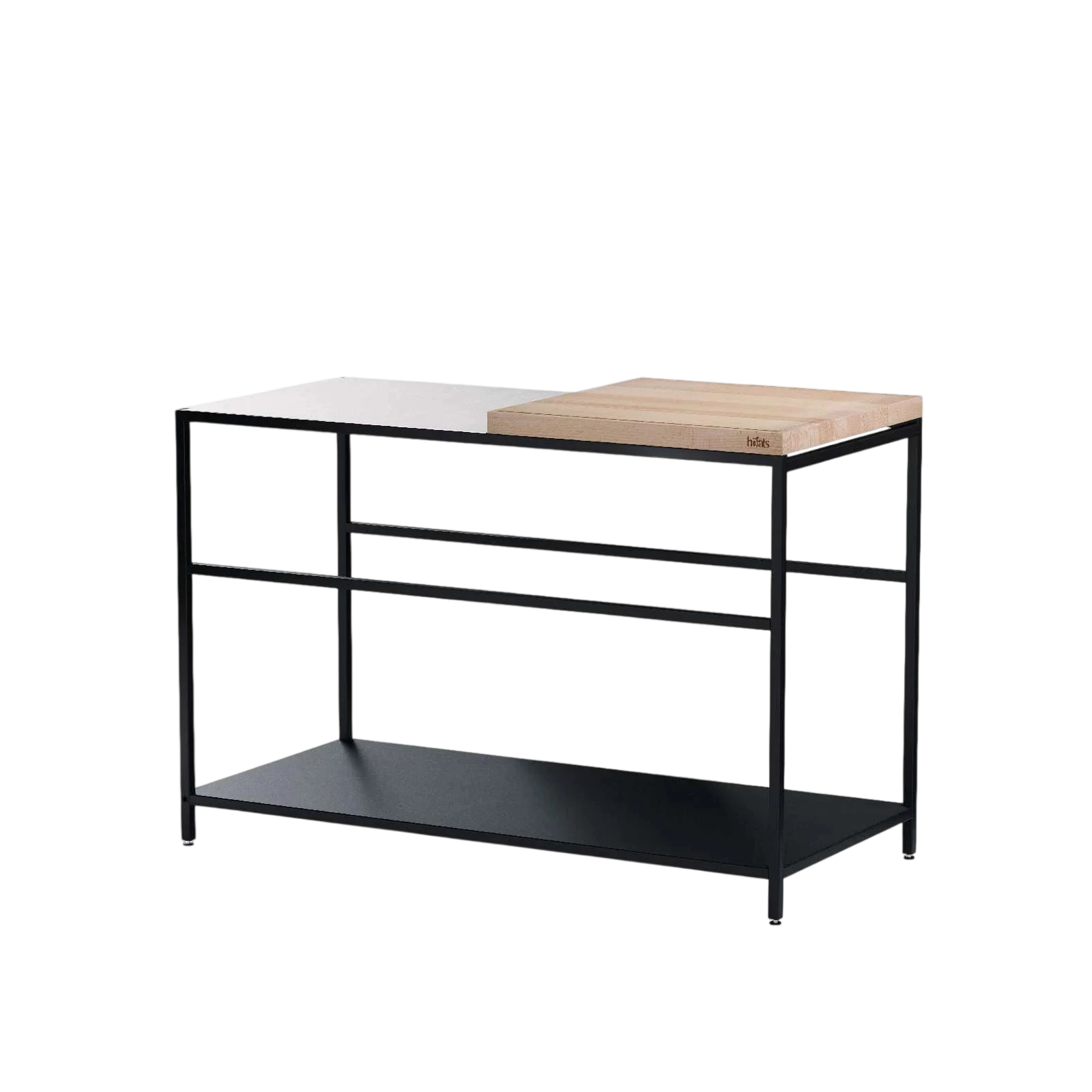 Console en métal noir avec plateau et étagère en bois, design moderne.
