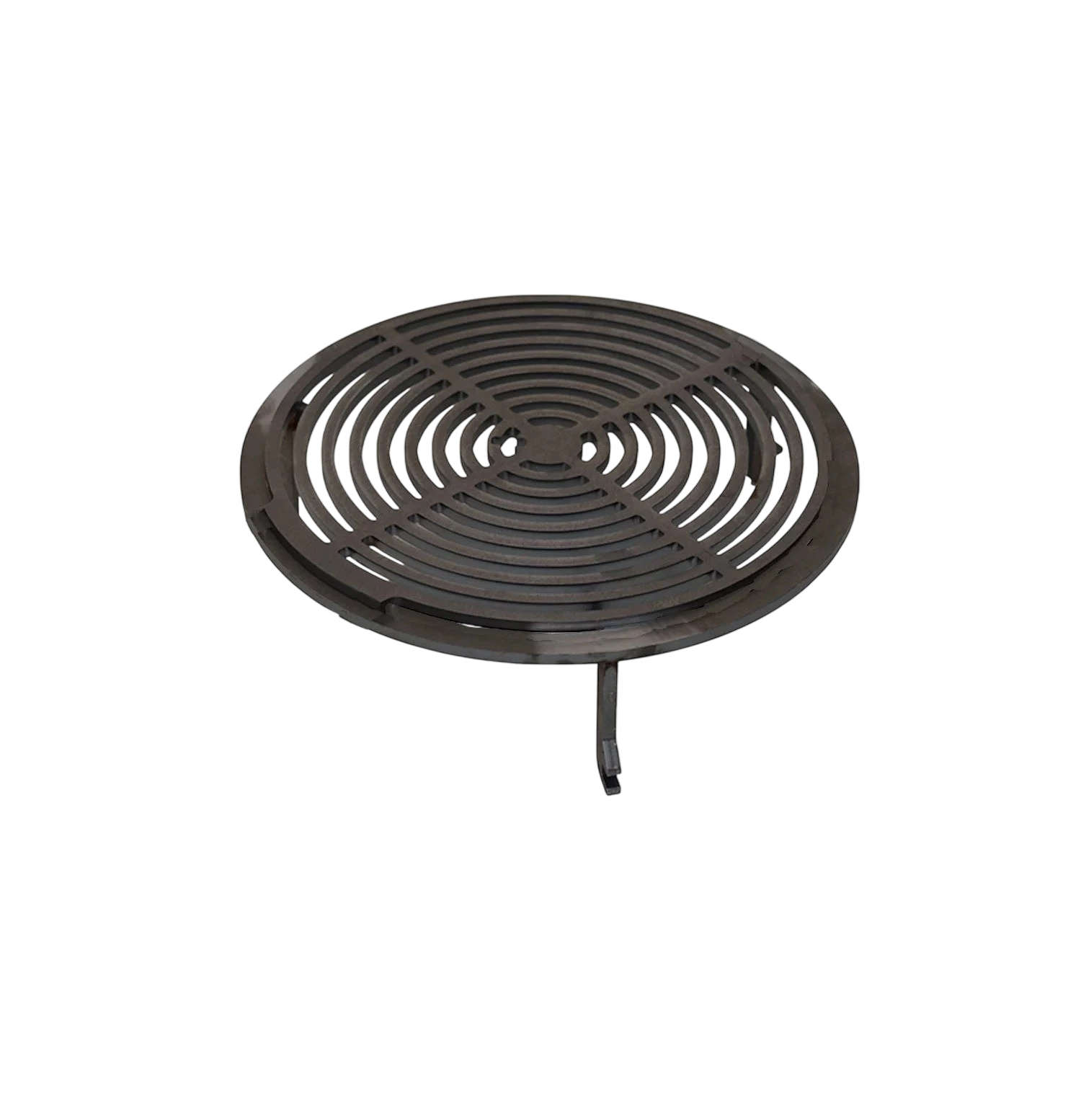 Grille circulaire noire avec un design de cercles concentriques et un support à une seule jambe.