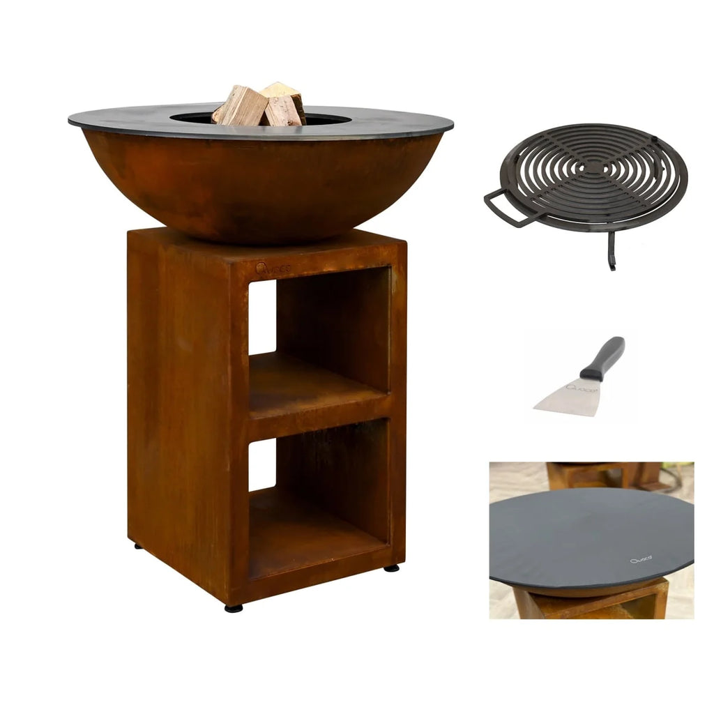 Gril en bol en fonte brun rustique avec un support assorti et des accessoires