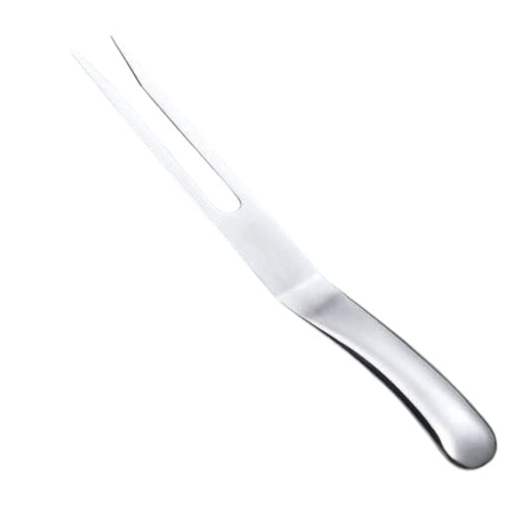 Fourchette de cuisson inox 35 cm pour viandes grillées, manche incurvé brillant
