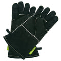 Gants de soudure en cuir noir avec des accents vert néon et une couture blanche, conçus pour la sécurité.