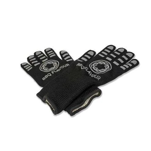 Gants saveur barbecue noir avec texte blanc et design de logo.