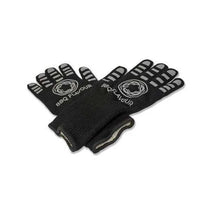 Gants saveur barbecue noir avec texte blanc et design de logo.