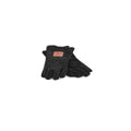 Gants noirs sans doigts avec un patch en cuir beige sur le dos de la main.