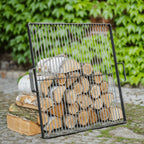 Grille acier noir 50x50 cm avec bûches de bois et barres verticales