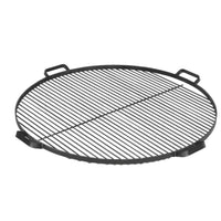 Grille ronde noire avec poignées et pieds pour la stabilité.
