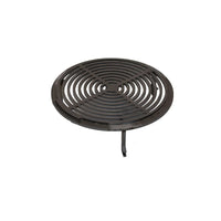Grille circulaire noire avec design ajouré concentrique et une seule patte de support.