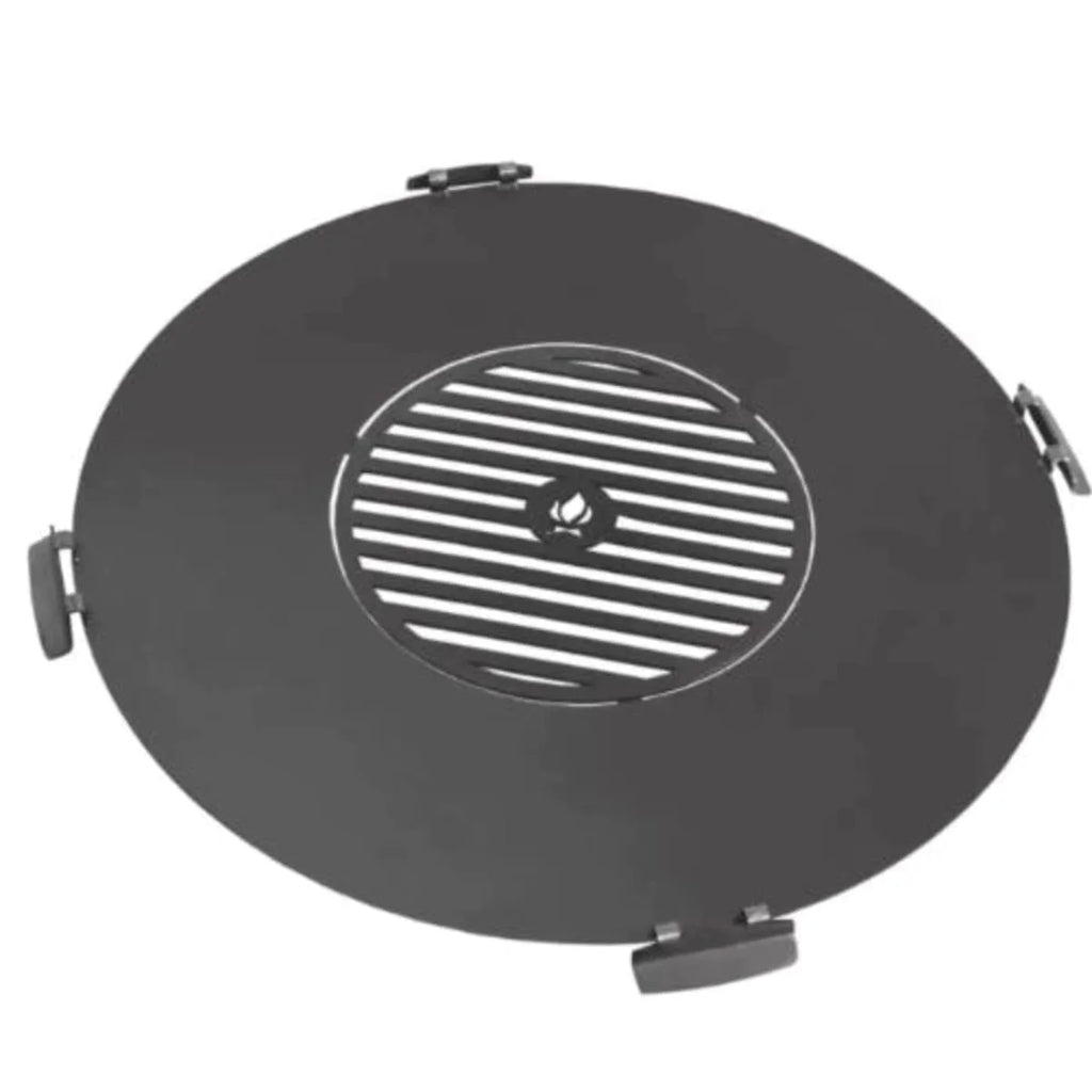 Couvercle de gril rond noir avec design de grille métallique et charnières pour une ouverture facile.