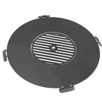 Couvercle de gril rond noir avec design de grille métallique et charnières pour une ouverture facile.