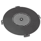 Couvercle de gril rond noir avec grille en métal et clips de fixation.