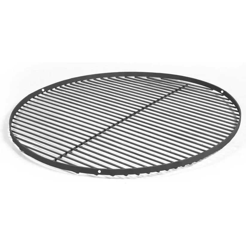 Grille ronde noire en métal avec structure métallique et motif en grille pour la cuisson sur un barbecue.