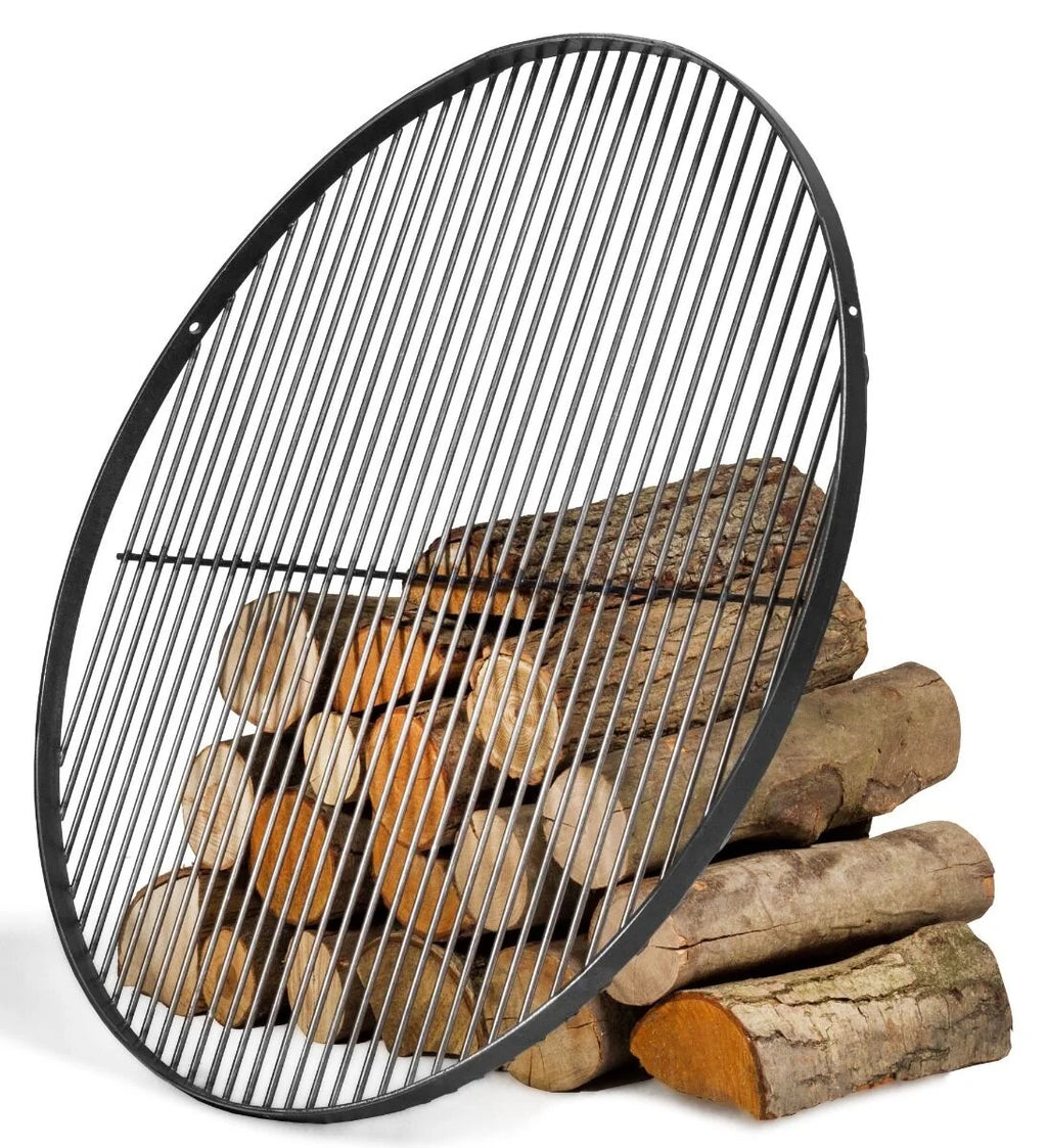 Porte-bûches en métal noir avec design circulaire et lattes verticales pour empiler les bûches.