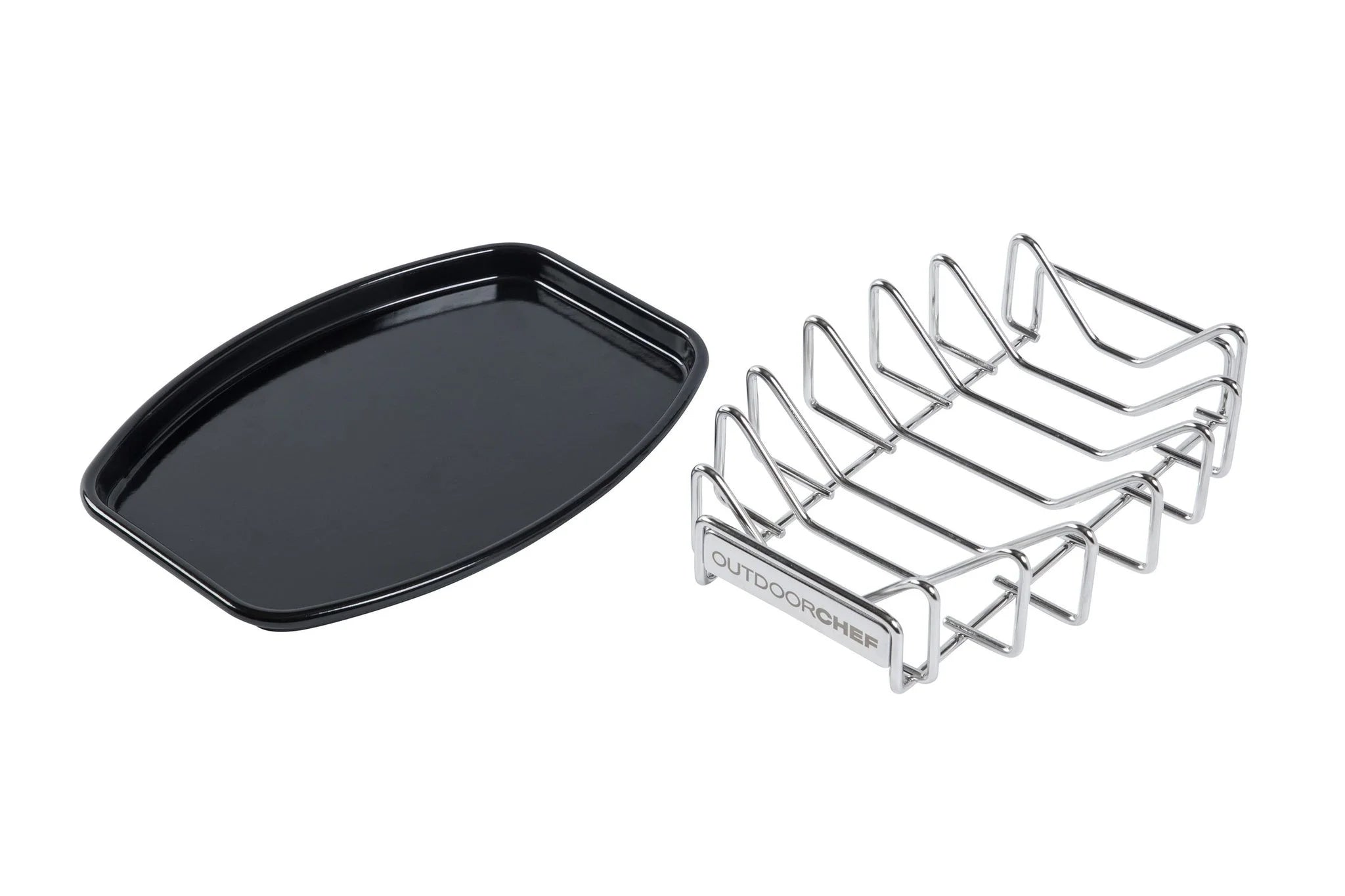 Plat de cuisson en céramique rectangulaire noir avec grille en métal argenté pour rôtir du poulet ou des légumes, compatible avec la marque bakingstone.