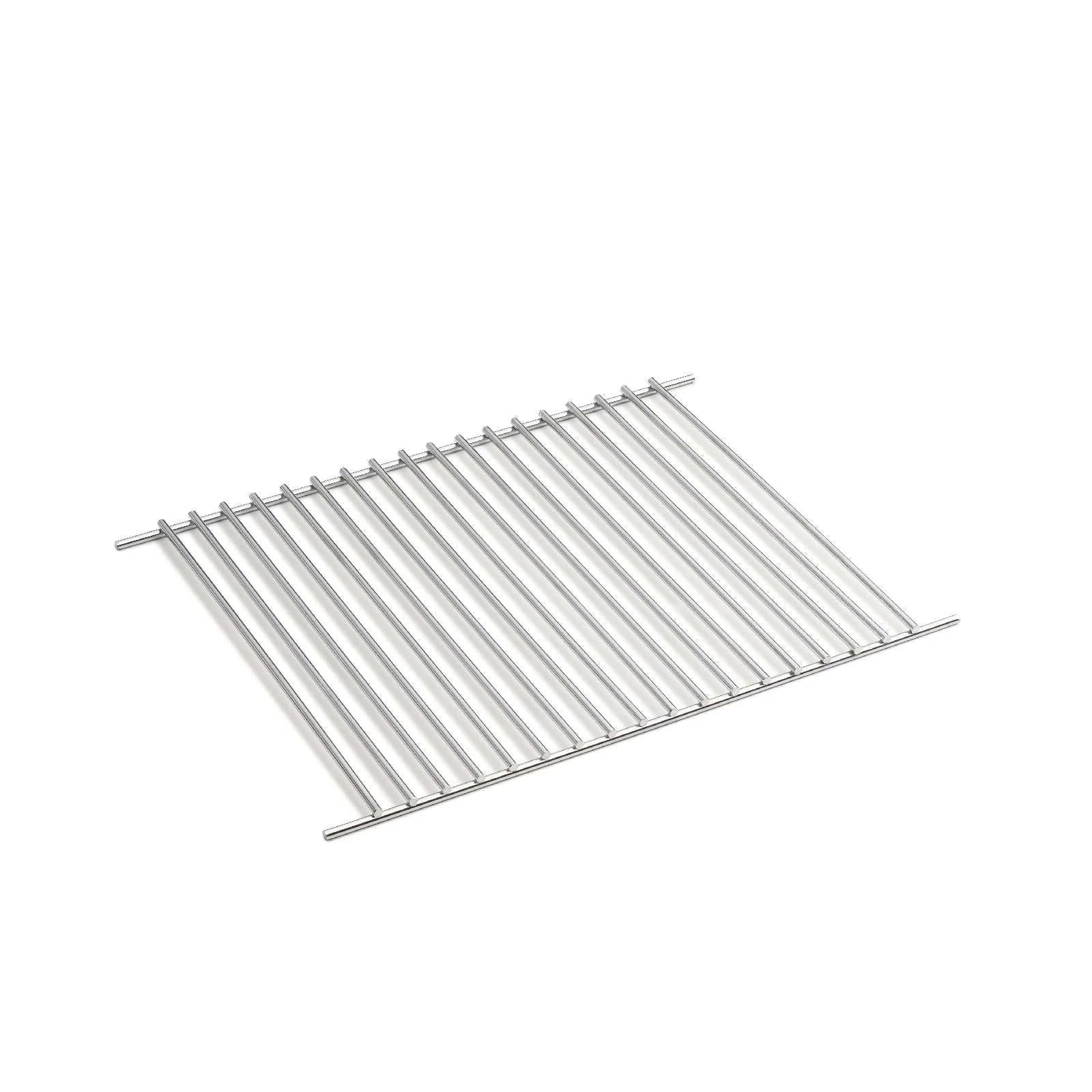 Grille en acier inoxydable avec lattes horizontales et bords arrondis, adaptée à la cuisson en extérieur.