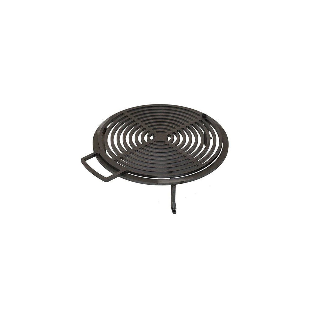 Grille circulaire noire avec design en anneaux concentriques et poignée latérale.