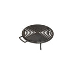 Grille circulaire noire avec design en anneaux concentriques et poignée latérale.